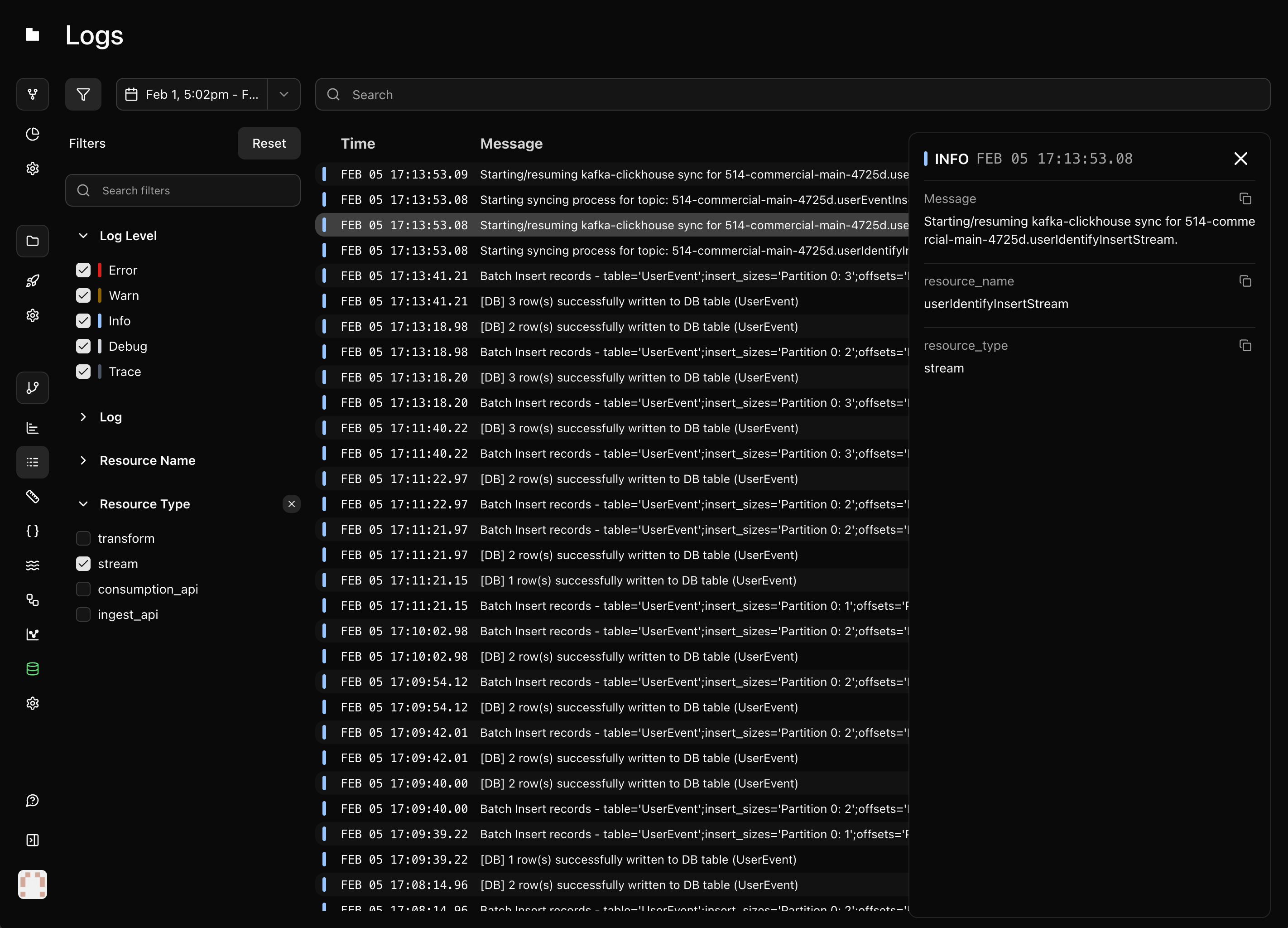 Live logs detail view
